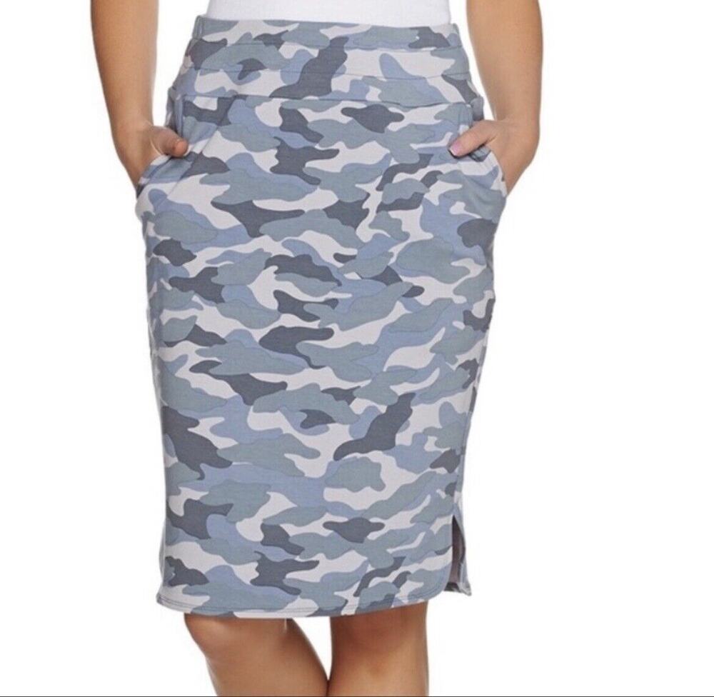 Camouflage Pencil Skirt LOGO Lounge by Lori Goldstein Stretch Knit Gray Blue M
